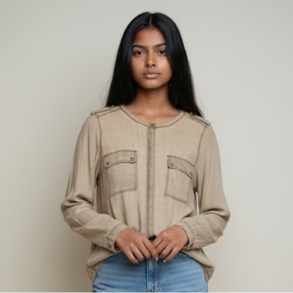 Two by Vince Camuto Tan Washed Long Sleeve Button Front Utility Shirt Sz Medium